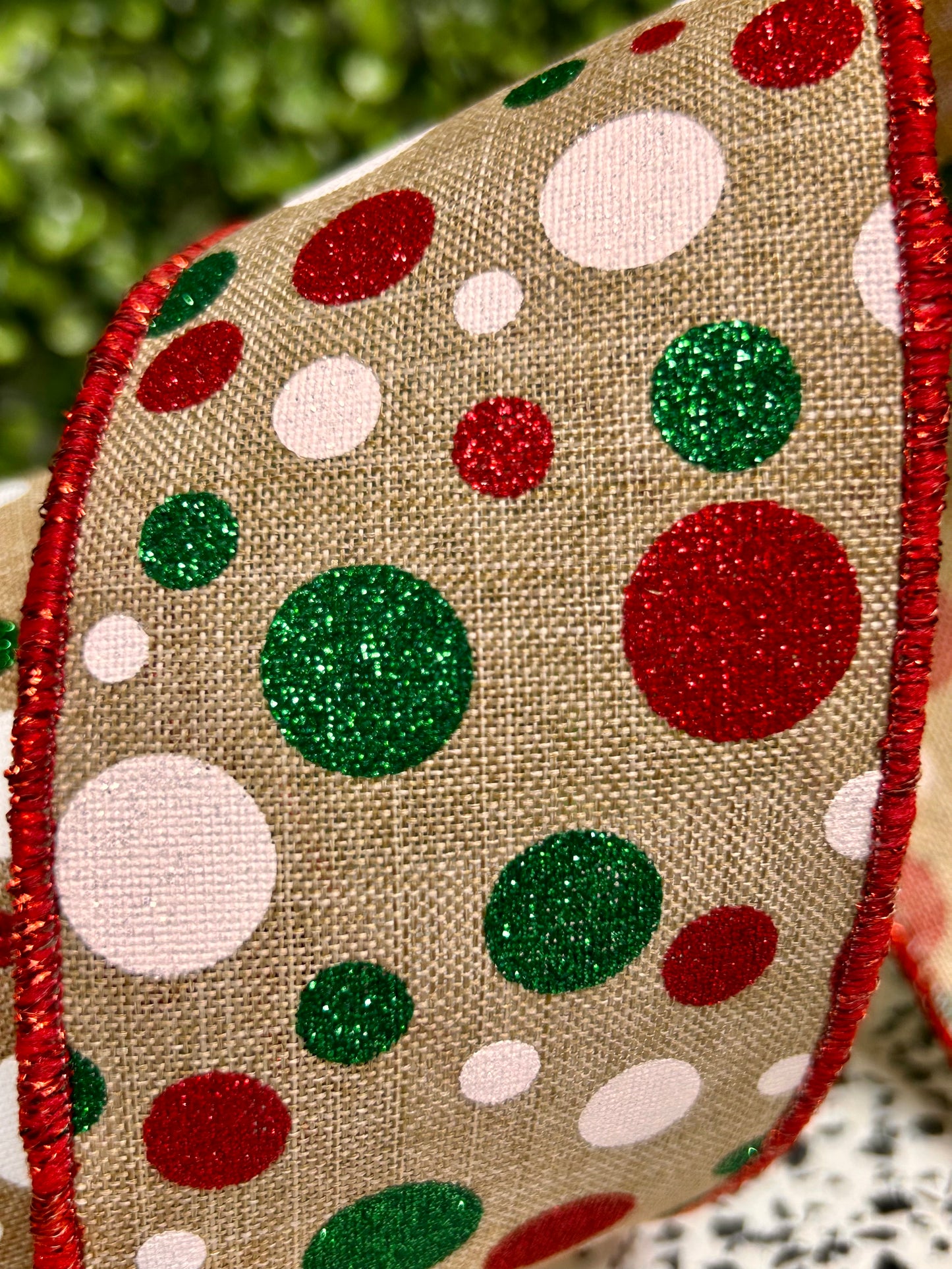 2.5 Inch By 10 Yard Beige White Emerald And Red Polka Dot Ribbon