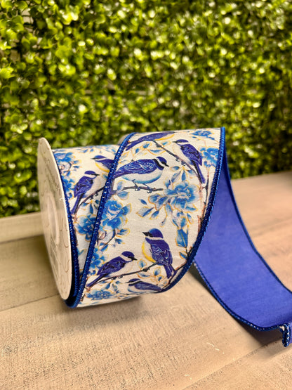 David Christopher 2.5 Inch By 10 Yard Chinoiserie Birds Ribbon With Blue Back Ribbon