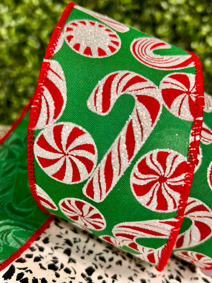 2.5 Inch By 10 Yard Glitter Peppermint And Candy Cane Ribbon
