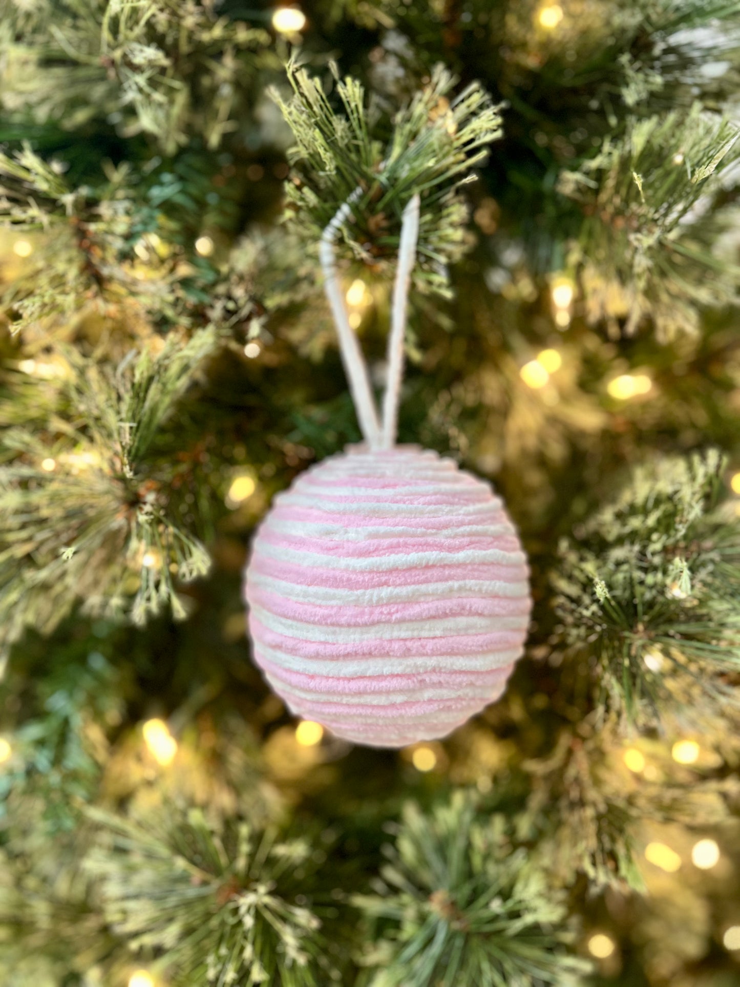 4.5 Inch Chenille Ball Ornament Pink And White