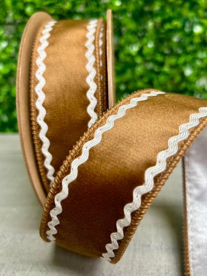 1.5 Inch By 10 Yard Gingerbread Brown White Ric Rac With White Backing Ribbon