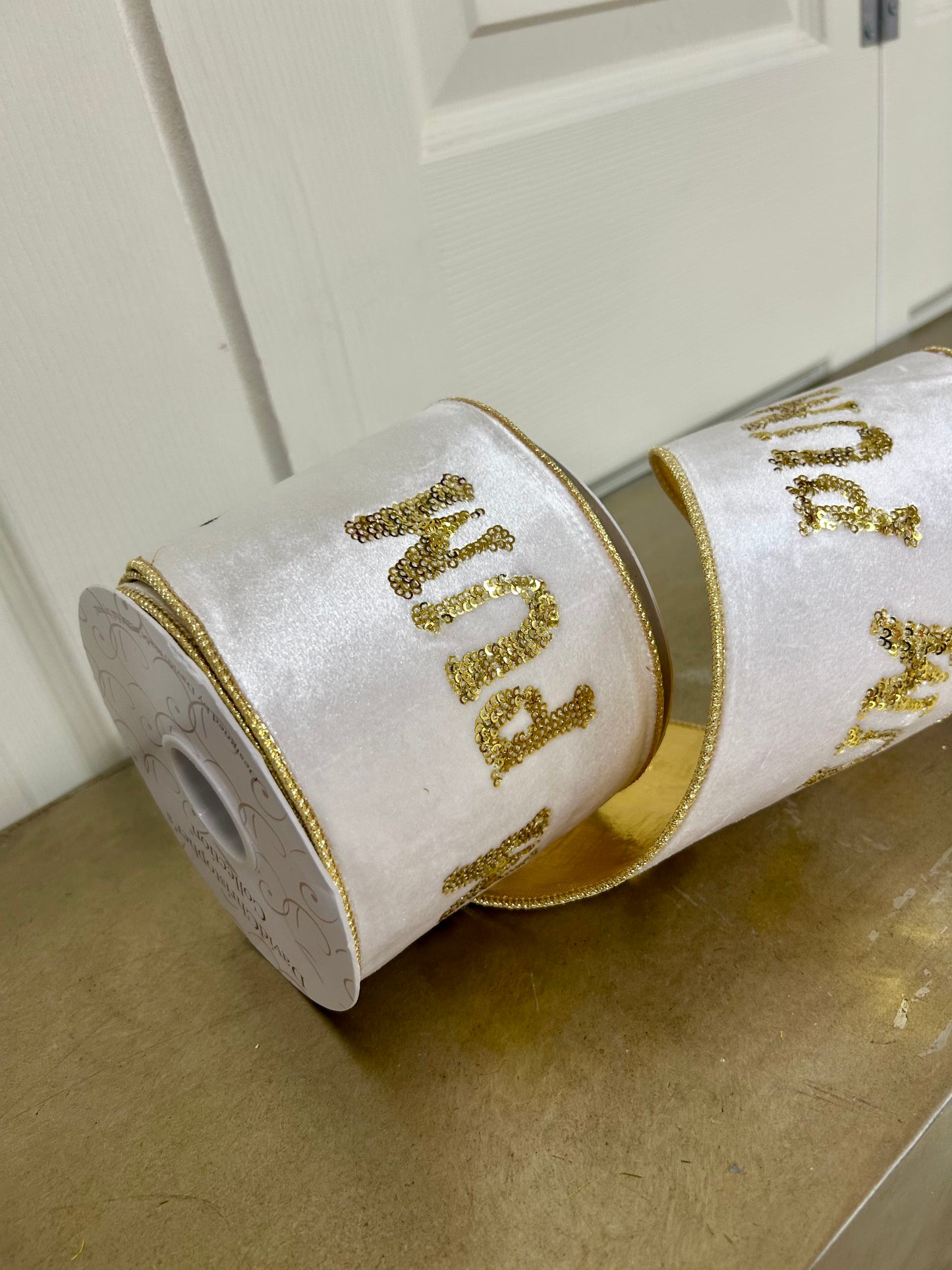 4 Inch By 10 Yard Pa Rum Pum Pum Gold Sequin Embroidery With Drum On Ivory Velvet Ribbon