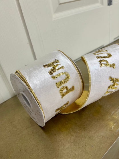 4 Inch By 10 Yard Pa Rum Pum Pum Gold Sequin Embroidery With Drum On Ivory Velvet Ribbon