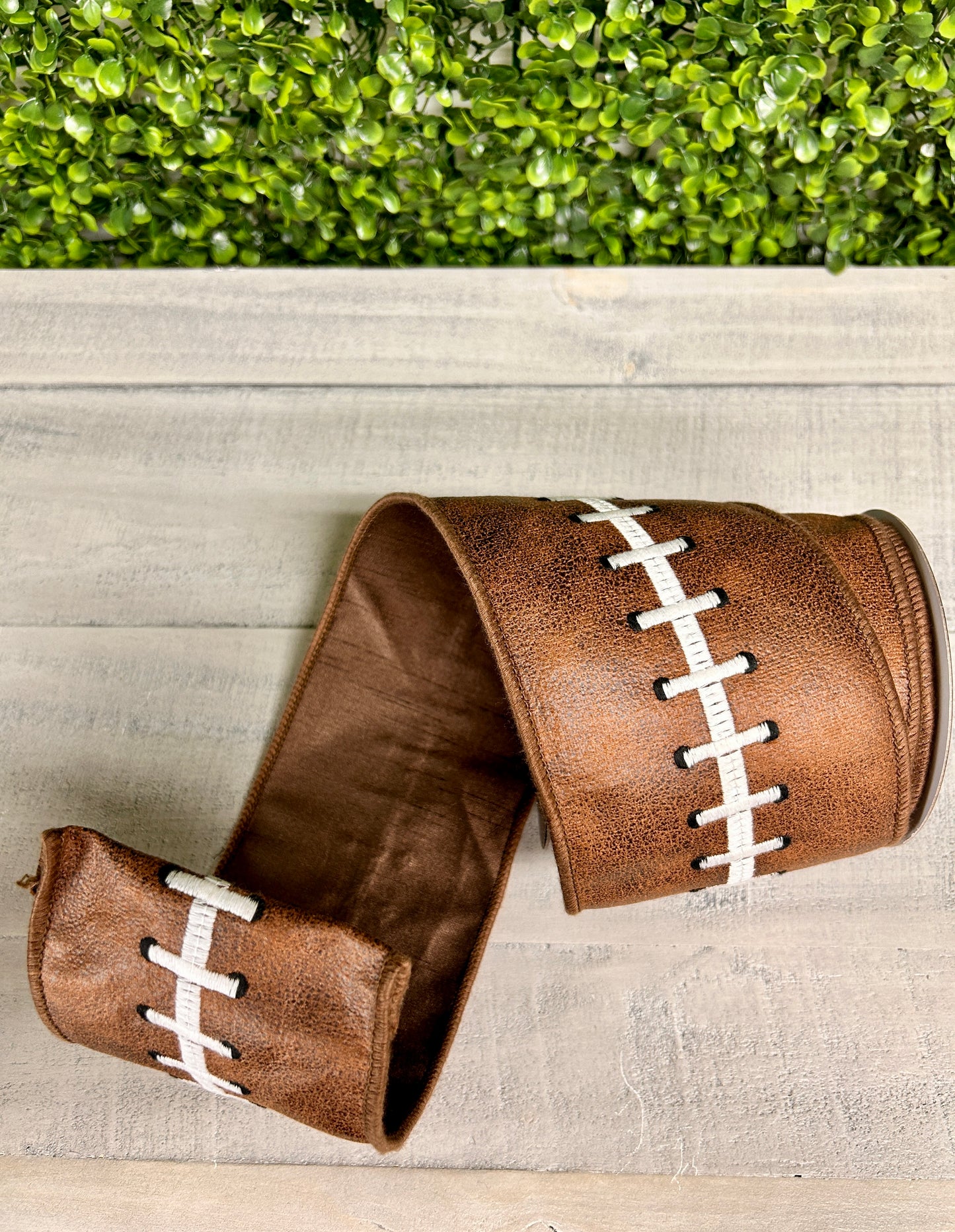 John Mark Enterprises 4 Inch By 5 Yard Embroidered Football Stitch Dupioni Fused Ribbon