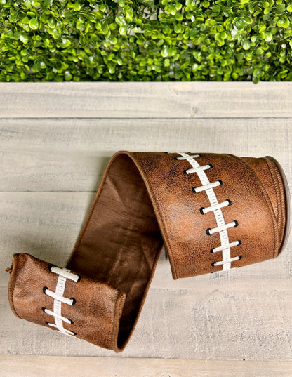 John Mark Enterprises 4 Inch By 5 Yard Embroidered Football Stitch Dupioni Fused Ribbon