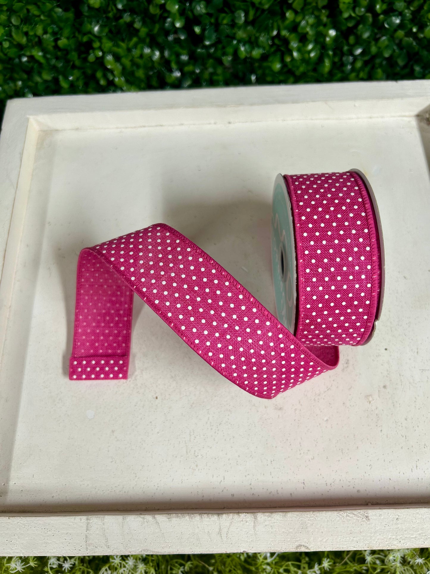 1.5 Inch By 10 Yard Fuchsia And White Raised Swiss Dots On Royal Ribbon