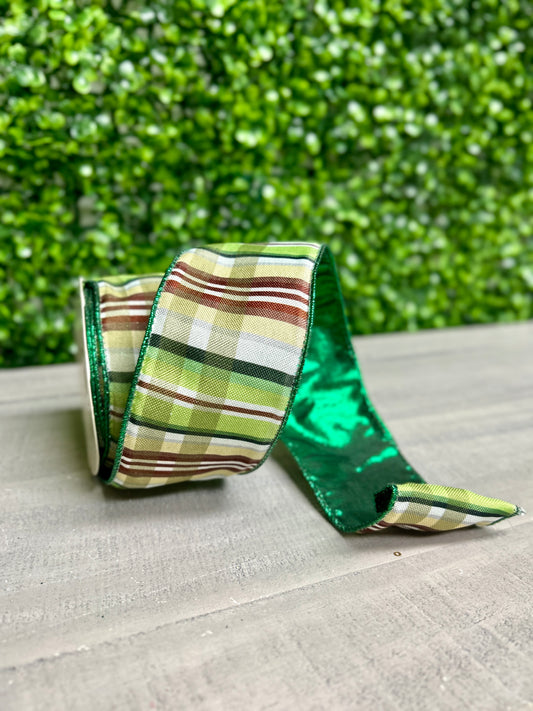 David Christopher's 2.5 Inch By 10 Yard Shades Of Green With Brown Plaid Ribbon