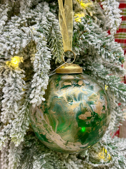 4 Inch Hunter Green Gold And White Marble Glass Ball Ornament