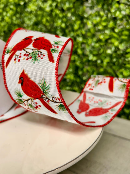 2.5 Inch By 10 Yard Cardinals On Branch On White Royal Ribbon