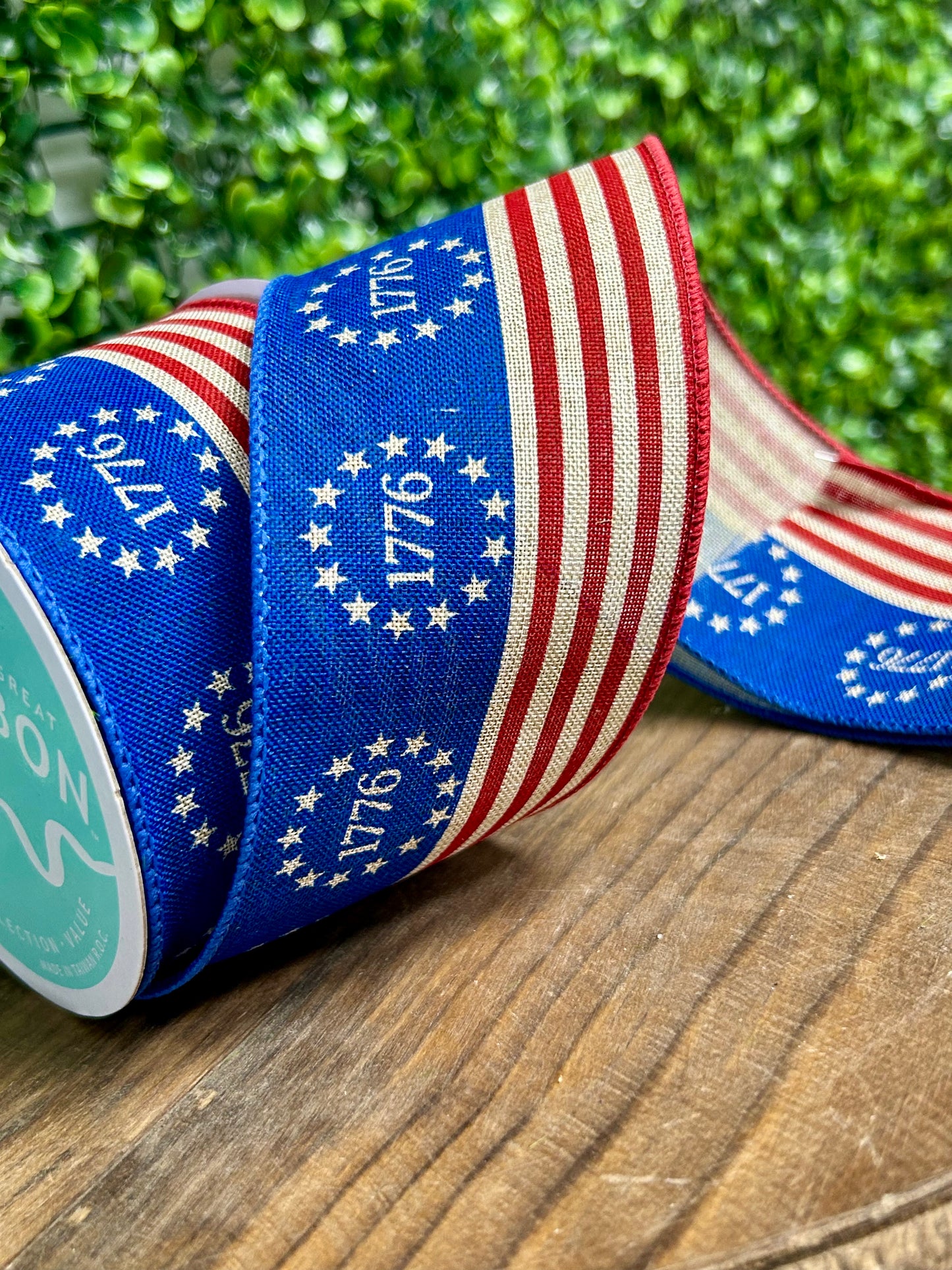 2.5 Inch By 10 Yard Natural Red And Blue 1776 Stars And Stripes Ribbon