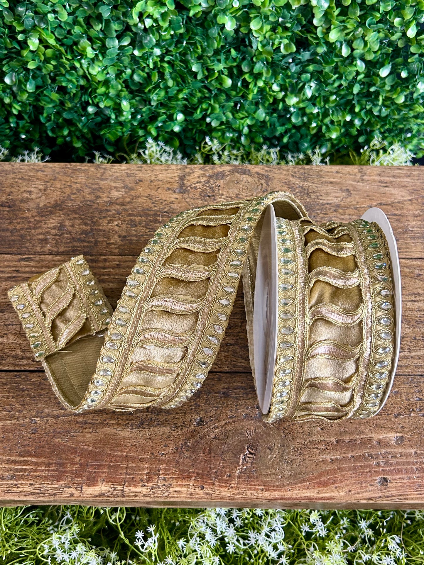 2.5 Inch By 5 Yard Champagne Jeweled Trim Elegance Velvet Ribbon