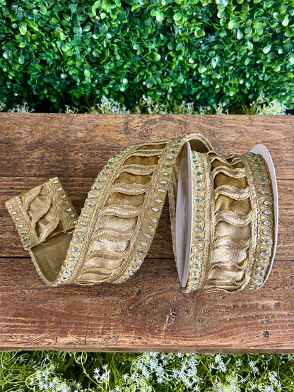 2.5 Inch By 5 Yard Champagne Jeweled Trim Elegance Velvet Ribbon