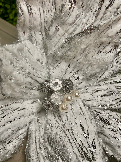 22 Inch White And Silver Poinsettia