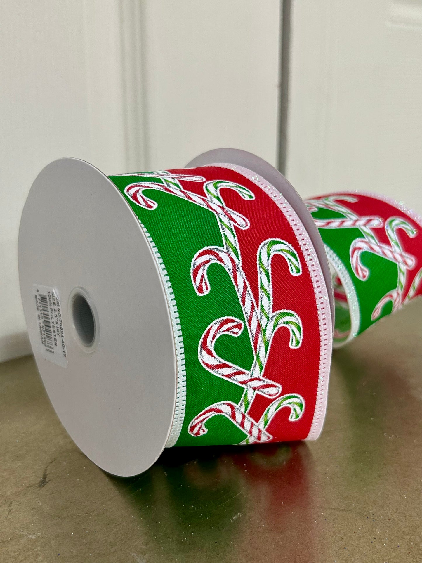 2.5 Inch By 10 Yard Red White Green Iridescent Glitter Candy Canes