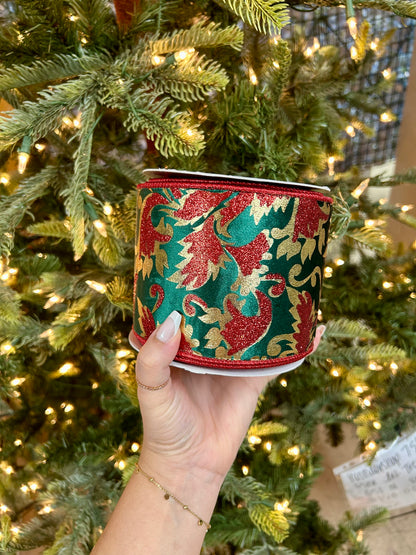 4 Inch By 10 Yard Gold Glitter Print Leaf Pattern On Dark Green Velvet Ribbon