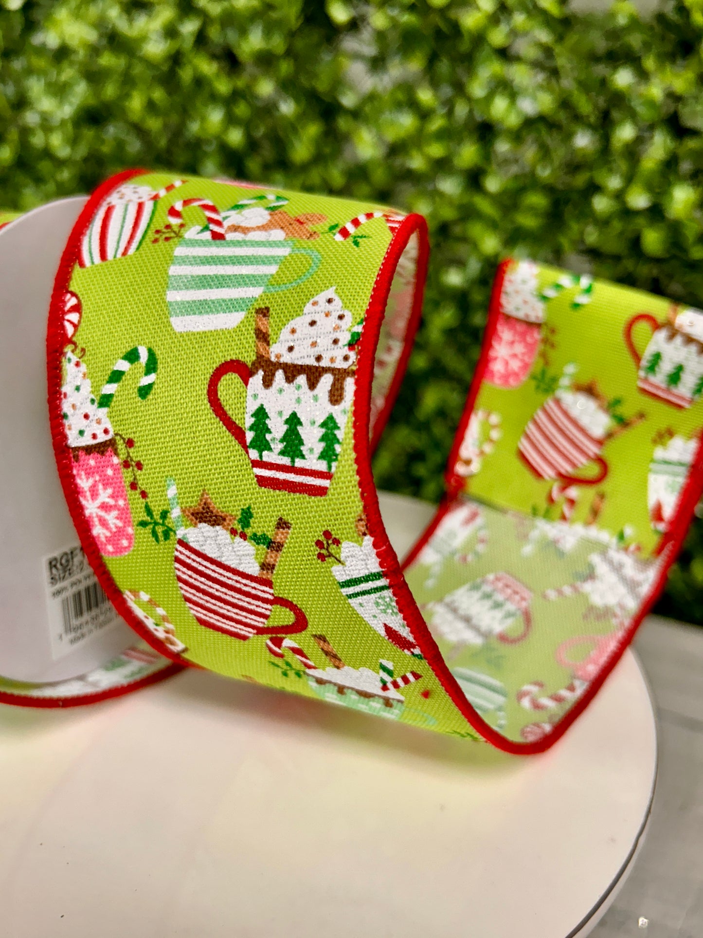 2.5 Inch By 10 Yard Lime Green Christmas Hot Cocoa Mugs Ribbon