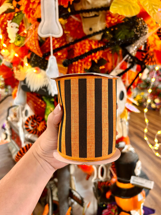 4 Inch By 10 Yard Orange And Black Medium Horizontal Stripe On Royal Ribbon