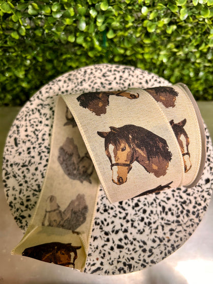 2.5 Inch By 10 Yard Cream And Brown Horse Head On Royal Ribbon