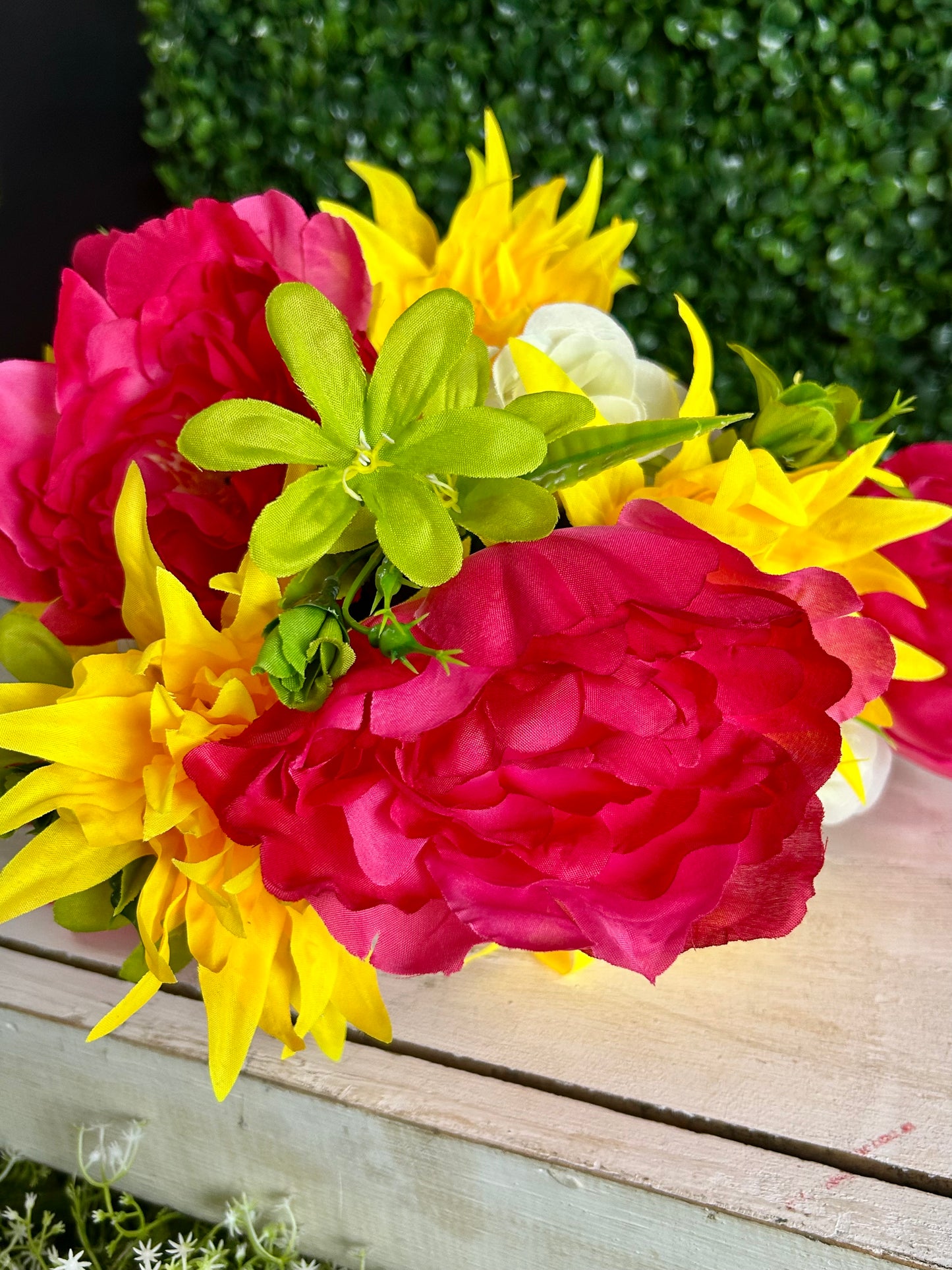 24 Inch Fushia And Yellow Peony Rose And Mum Bush