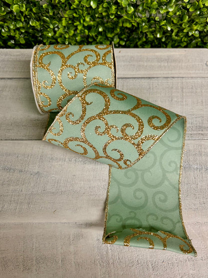 4 Inch By 10 Yard Sage Green And Gold Glitter Swirl Ribbon