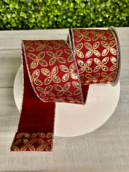 2.5 Inch By 10 Yards Burgundy And Gold Quatrefoil Petals Ribbon