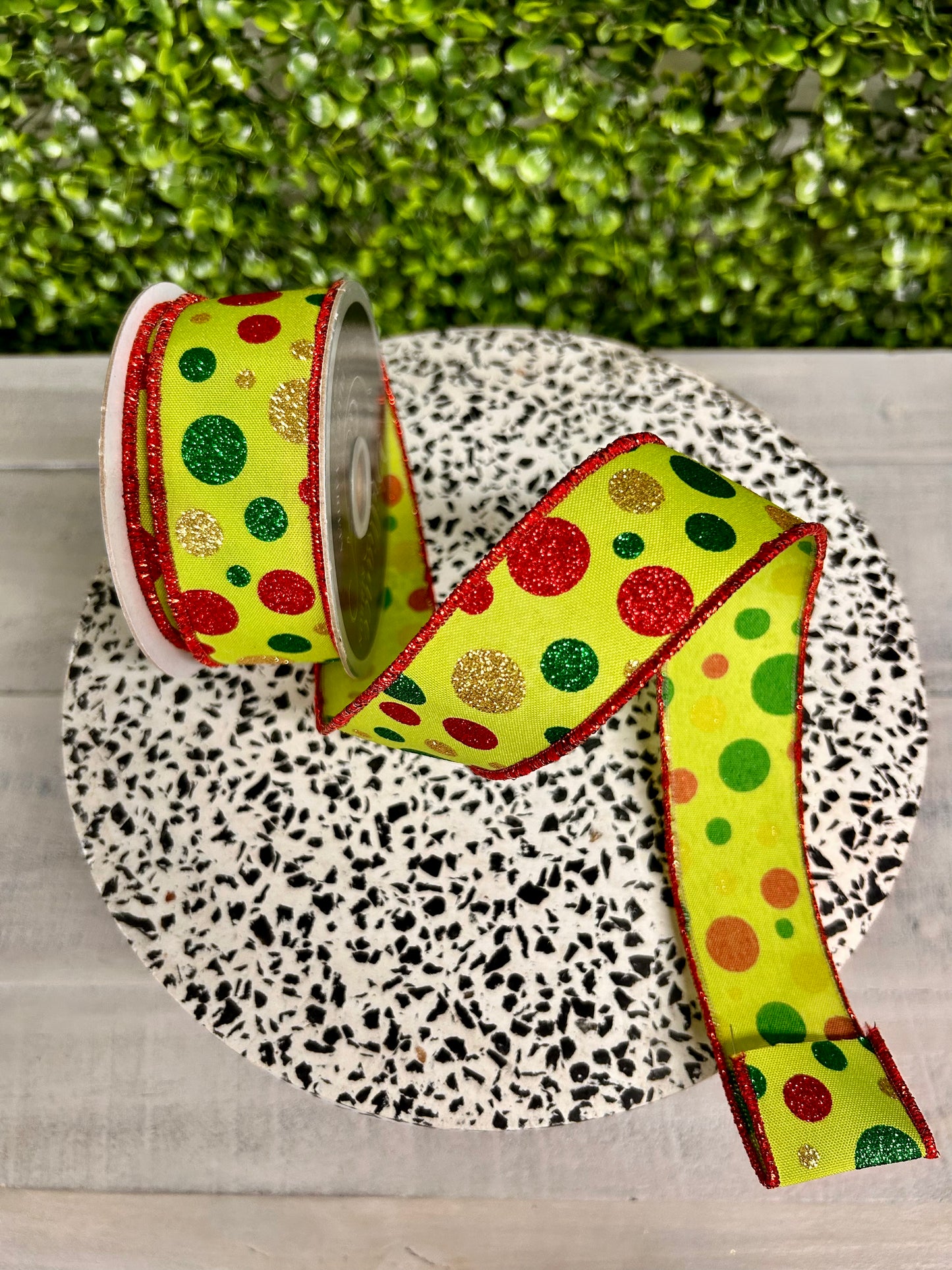 1.5 Inch By 10 Yard Red Gold Lime And Emerald Polka Dot Ribbon