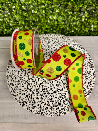 1.5 Inch By 10 Yard Red Gold Lime And Emerald Polka Dot Ribbon