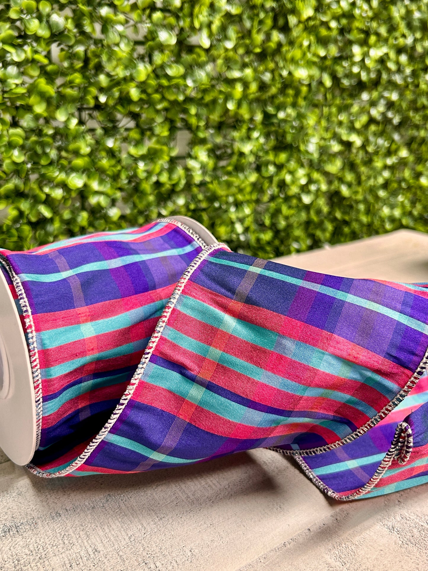 4 Inch By 10 Yard Fuchsia Purple And Teal Plaid Deluxe Ribbon