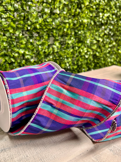 4 Inch By 10 Yard Fuchsia Purple And Teal Plaid Deluxe Ribbon