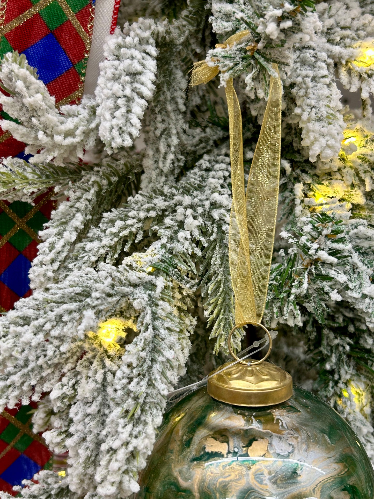 4 Inch Hunter Green Gold And White Marble Glass Ball Ornament