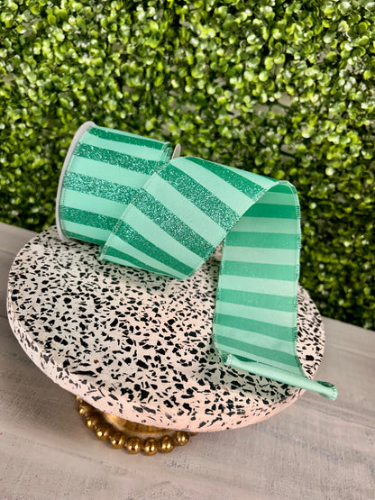 2.5 Inch By 10 Yard Mint Horizontal Glitter Stripes Ribbon