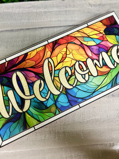12.5 Inch Welcome Stained Glass Wood Sign