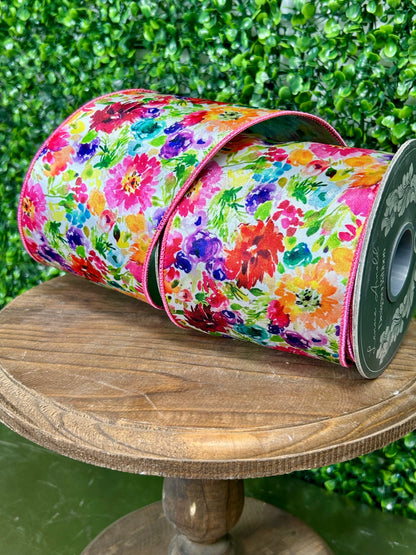 4 Inch By 10 Yard Multicolor Floral Impressions Deluxe Wired Edge Ribbon