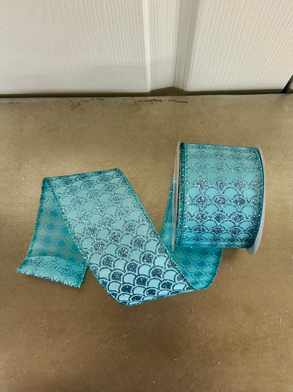 2.5 Inch By 10 Yard Aqua Glitter Fish Scales Pattern Ribbon