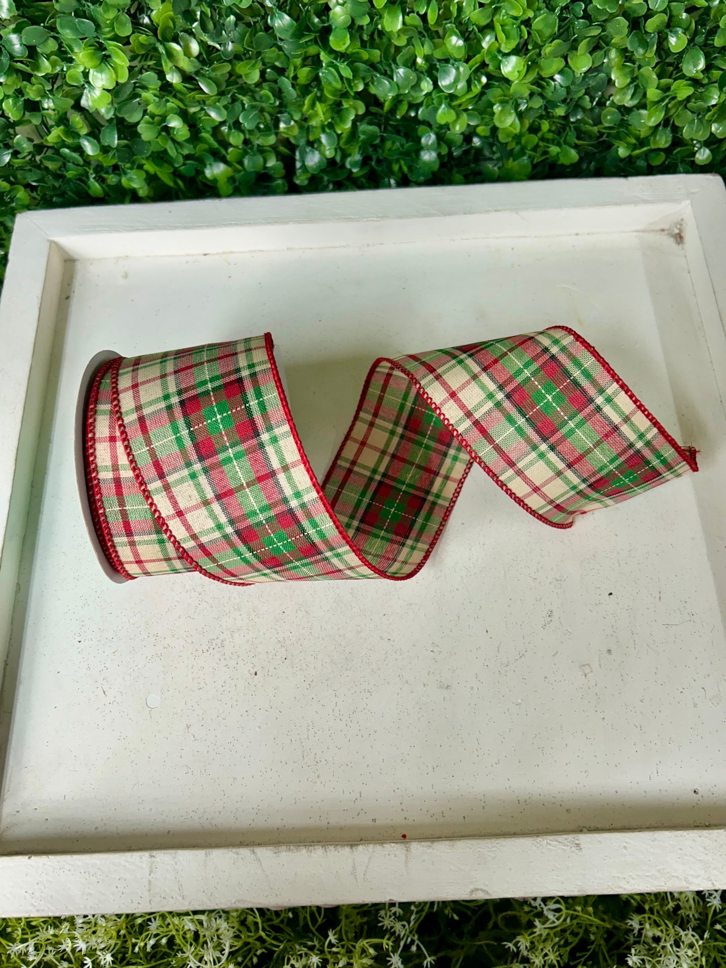2.5 Inch By 10 Yard Red Cream Green And Black Woven Plaid Ribbon