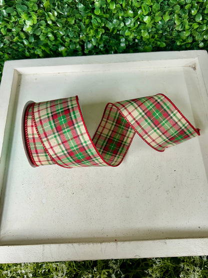2.5 Inch By 10 Yard Red Cream Green And Black Woven Plaid Ribbon