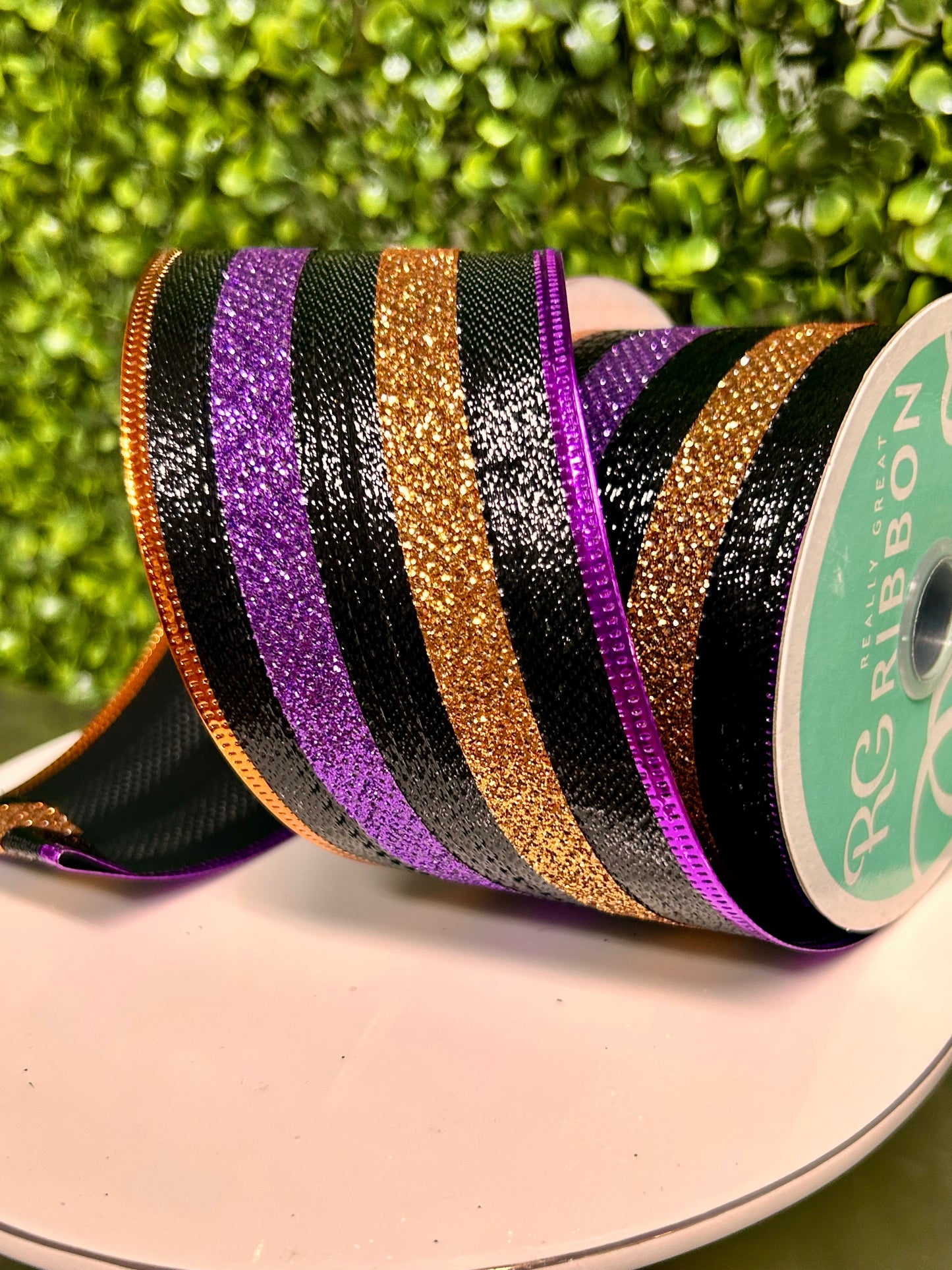 2.5 Inch By 10 Yard Purple And Copper Glitter Stripes Ribbon