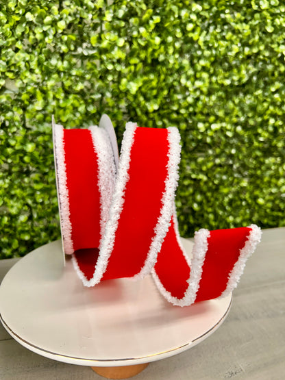 1.5 Inch By 10 Yard Red And White Velvet With Drift Edge Ribbon