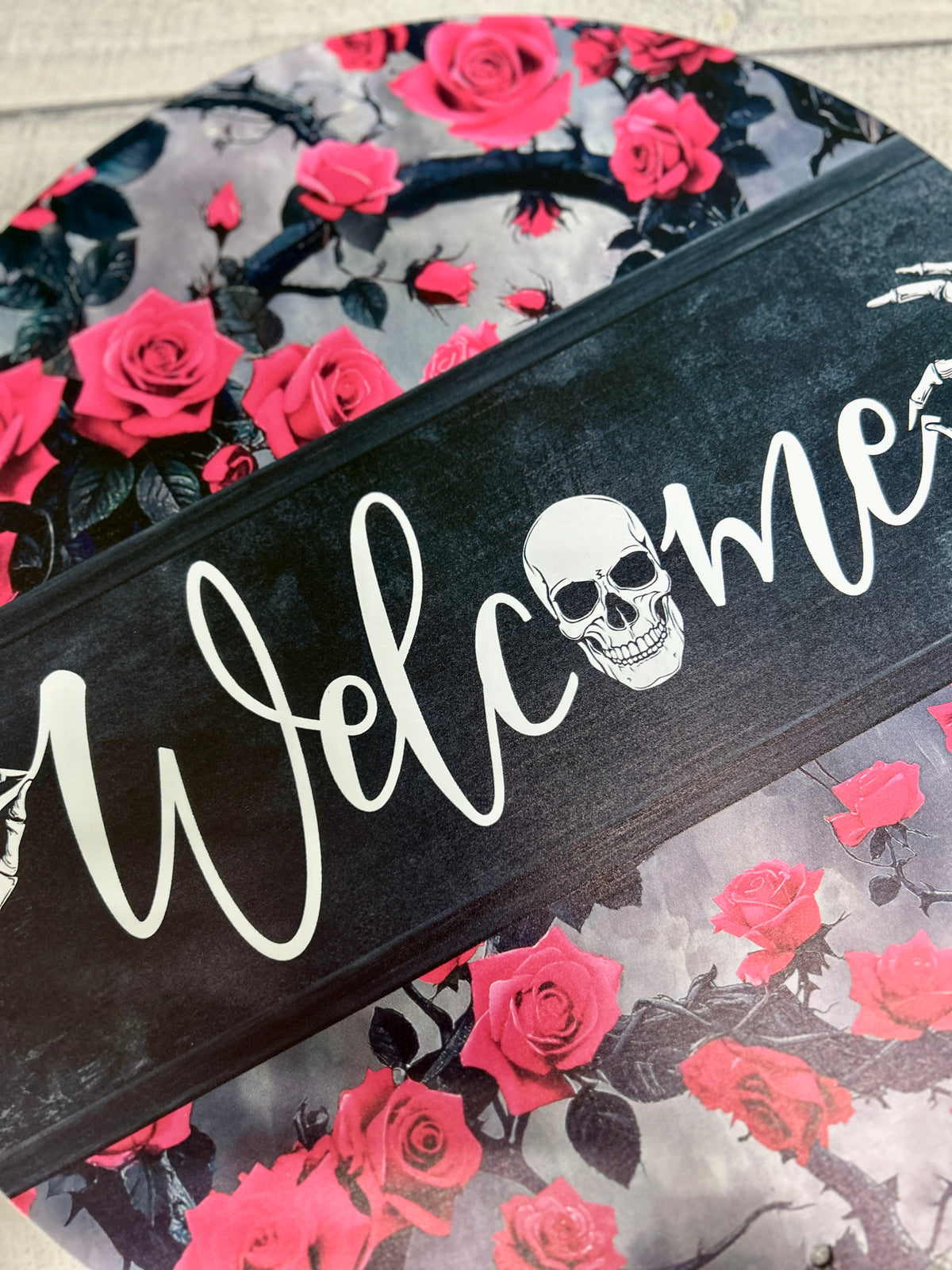 12 Inch Welcome With Pink Roses And Skeleton Metal Sign