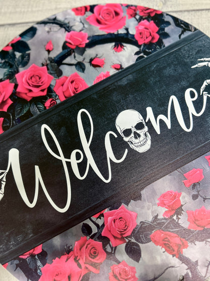 12 Inch Welcome With Pink Roses And Skeleton Metal Sign