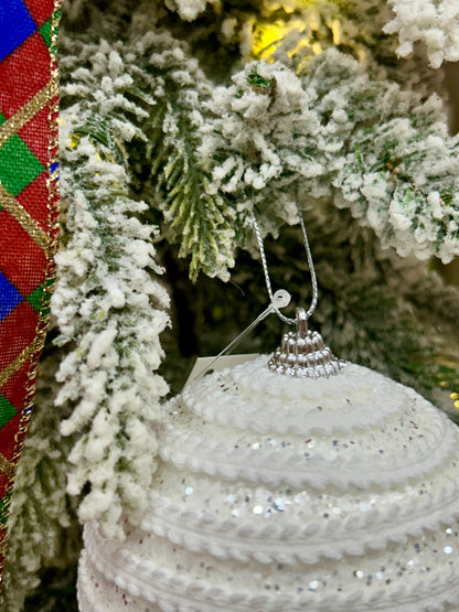 4 Inch White With Silver Glitter Ball Ornament