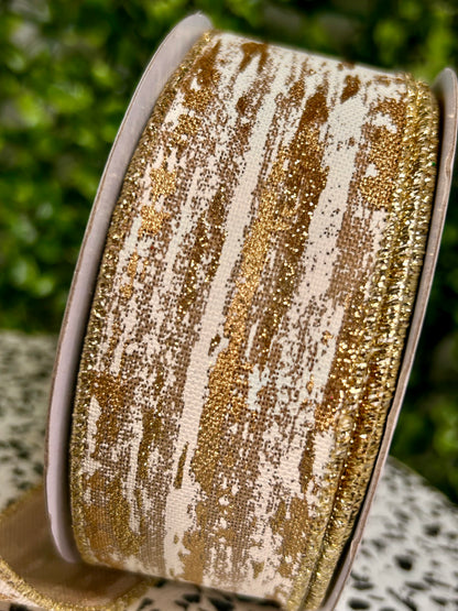 1.5 Inch By 10 Yard Beige Cream And Gold Glitter Metallic Streaks Ribbon