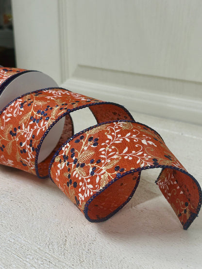 2.5 Inch By 10 Yard Rust Linen With Ivory And Gold Vines And Navy Glitter Berries And Navy Edging Ribbon