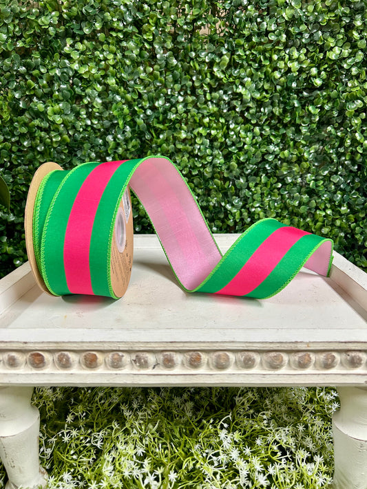 2.5 Inch By 10 Yard Hot Pink And Green Stripe With Hot Pink Backing Dupioni Ribbon