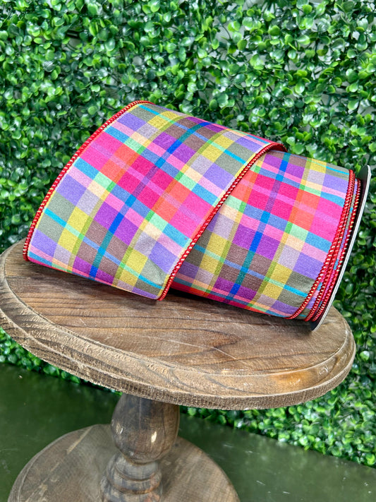 4 Inch By 10 Yards Strawberry Plaid Deluxe Mesh Backed Wired Edge