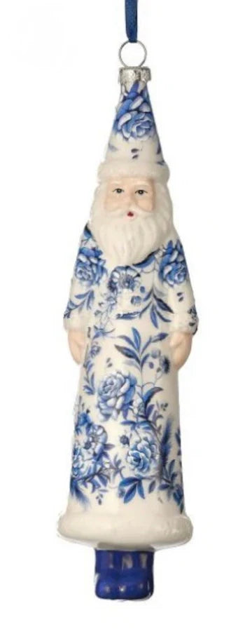 8 Inch Glass Floral Print Santa Ornament