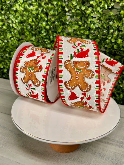 2.5 Inch By 10 Yard Gingerbread With Santa Hats Ribbon