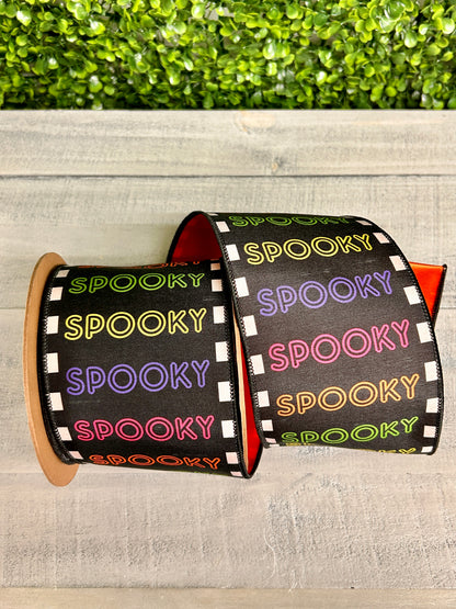 4 Inch By 10 Yard Bright Spooky On Black With Satin Orange Backing Ribbon