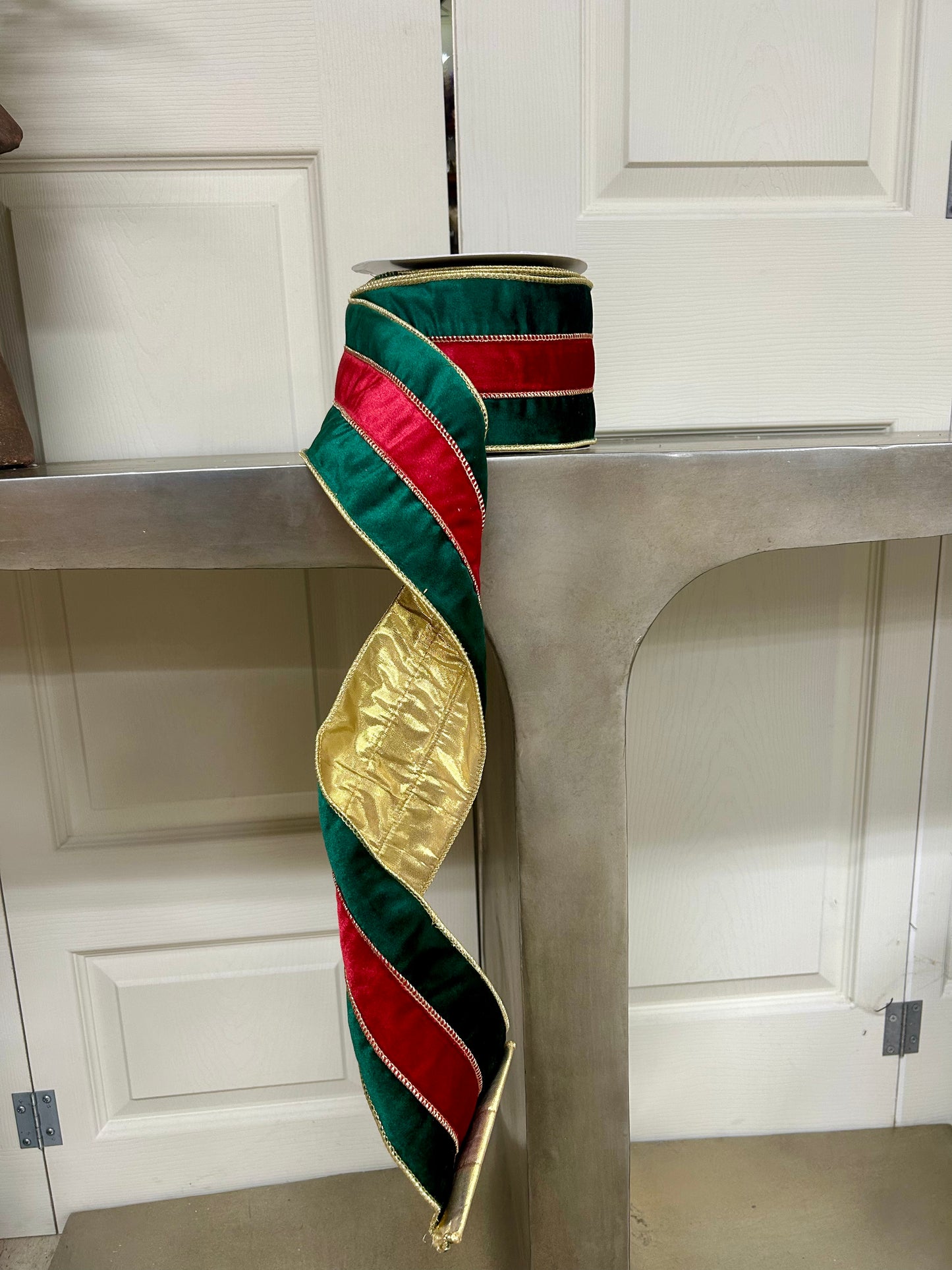 4 Inch By 10 Yard Green Velvet With Red Velvet Center With Gold Edge Ribbon