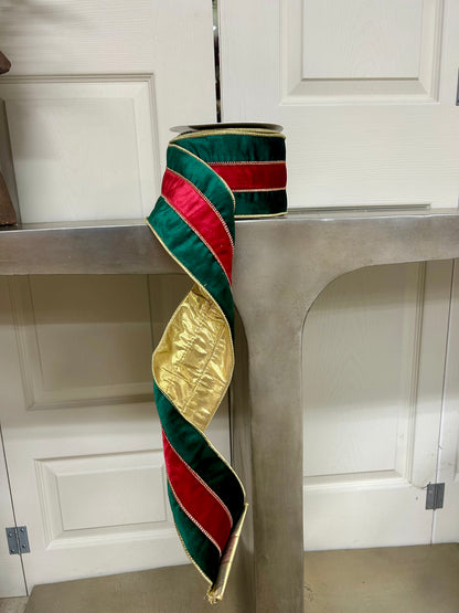4 Inch By 10 Yard Green Velvet With Red Velvet Center With Gold Edge Ribbon